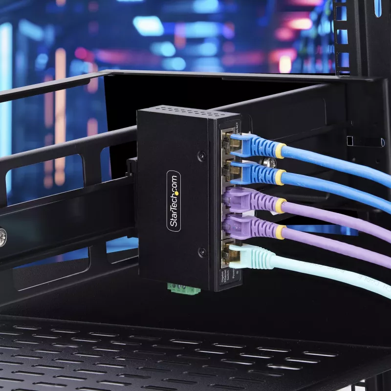 StarTech.com 5 prievadų nevaldomas pramoninis tinklo komutatorius, 100/1000 Ethernet, montuojamas ant DIN bėgelio/sienos, tvirtas IP30 gigabitinis komutatorius, -40F-167F, 9~60V DC, atitinka TAA