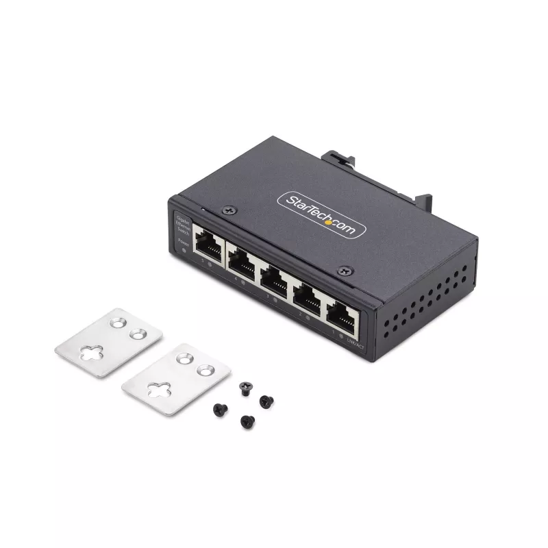 StarTech.com 5 prievadų nevaldomas pramoninis tinklo komutatorius, 100/1000 Ethernet, montuojamas ant DIN bėgelio/sienos, tvirtas IP30 gigabitinis komutatorius, -40F-167F, 9~60V DC, atitinka TAA