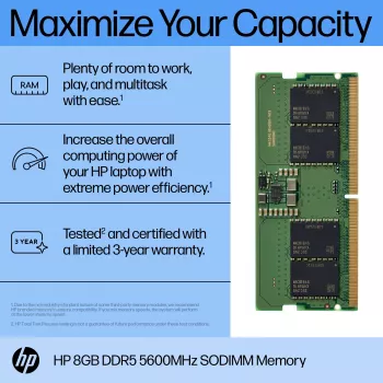 HP 8 GB DDR5 5600 SODIMM atmintis, 8 GB, 1 x 8 GB, DDR5, 262 kontaktų SO-DIMM