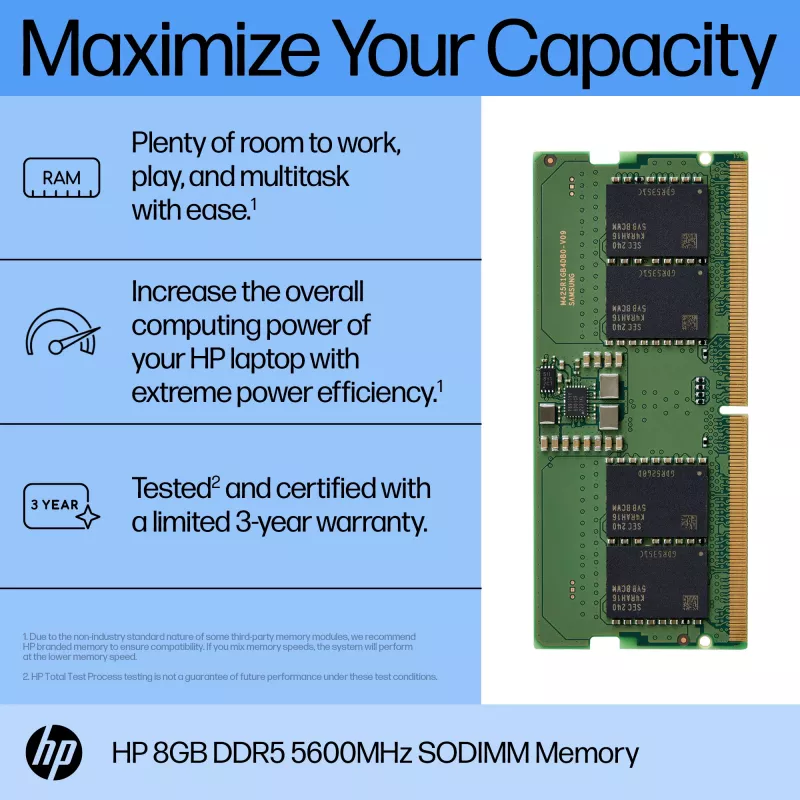 HP 8 GB DDR5 5600 SODIMM atmintis, 8 GB, 1 x 8 GB, DDR5, 262 kontaktų SO-DIMM