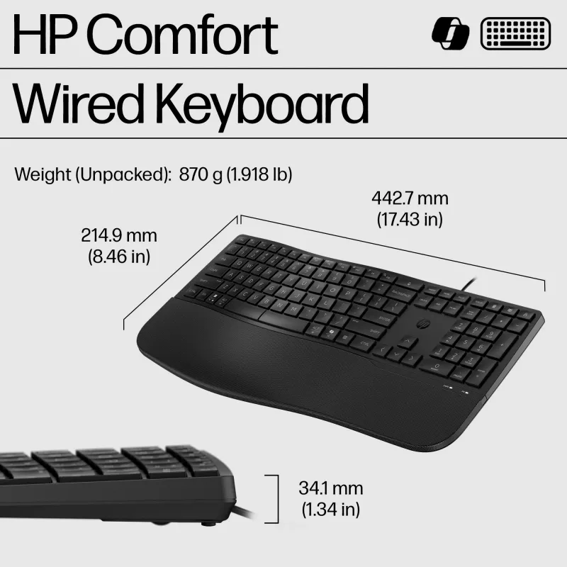 HP 485 Comfort laidinė klaviatūra, pilno dydžio USB membraninė su riešo atrama