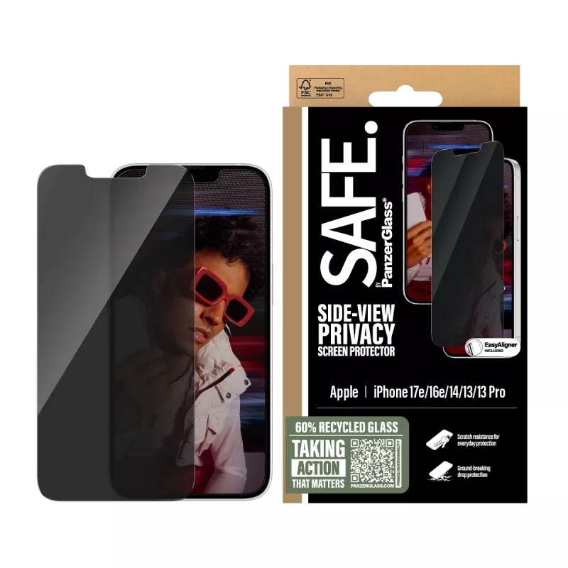 “PanzerGlass SAFE. by ®” privatumo ekrano apsauga “iPhone 17e | 16e | 14 | 13 | 13 Pro” su itin plačiu pritaikymu ir “EasyAligner”