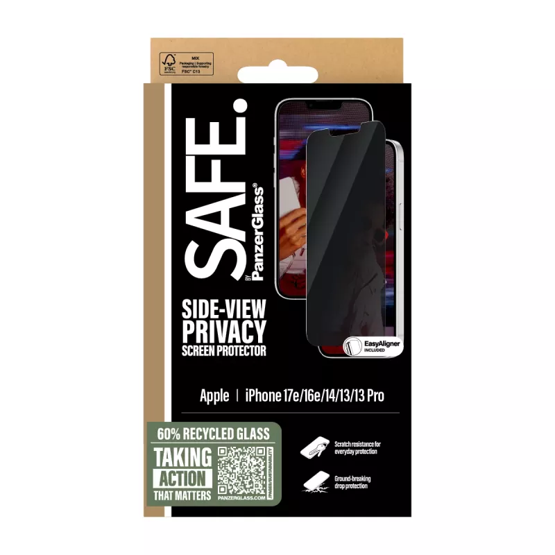 “PanzerGlass SAFE. by ®” privatumo ekrano apsauga “iPhone 17e | 16e | 14 | 13 | 13 Pro” su itin plačiu pritaikymu ir “EasyAligner”