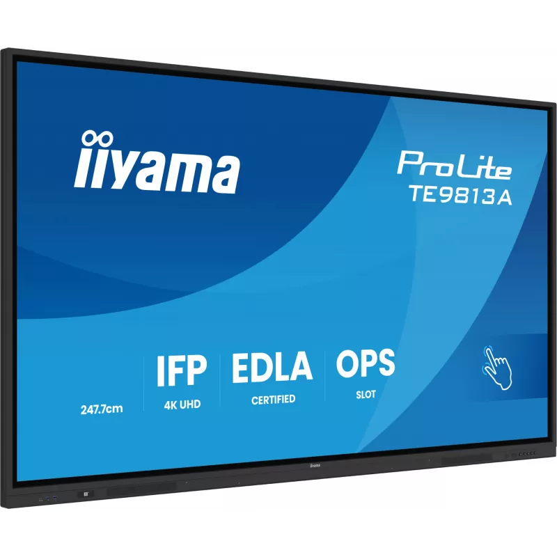 iiyama TE9813A-B1AG Signage Display Interaktyvus plokščiasis ekranas 2,48 m (97,5 colio) Wi-Fi 500 cd/m² 4K Ultra HD Juodas Liečiamas ekranas Įmontuotas procesorius Android 18/7