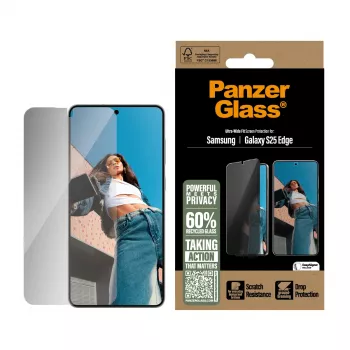 Privatumo ekrano apsauga PanzerGlass Samsung S25 Edge Ultra-Wide Fit įbrėžimams ir smūgiams atspari