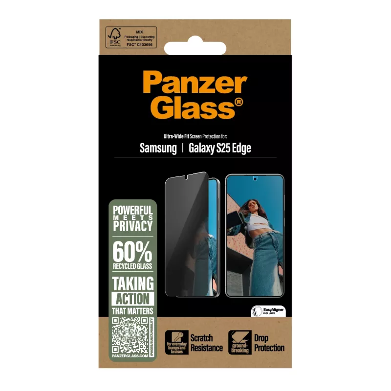 Privatumo ekrano apsauga PanzerGlass Samsung S25 Edge Ultra-Wide Fit įbrėžimams ir smūgiams atspari