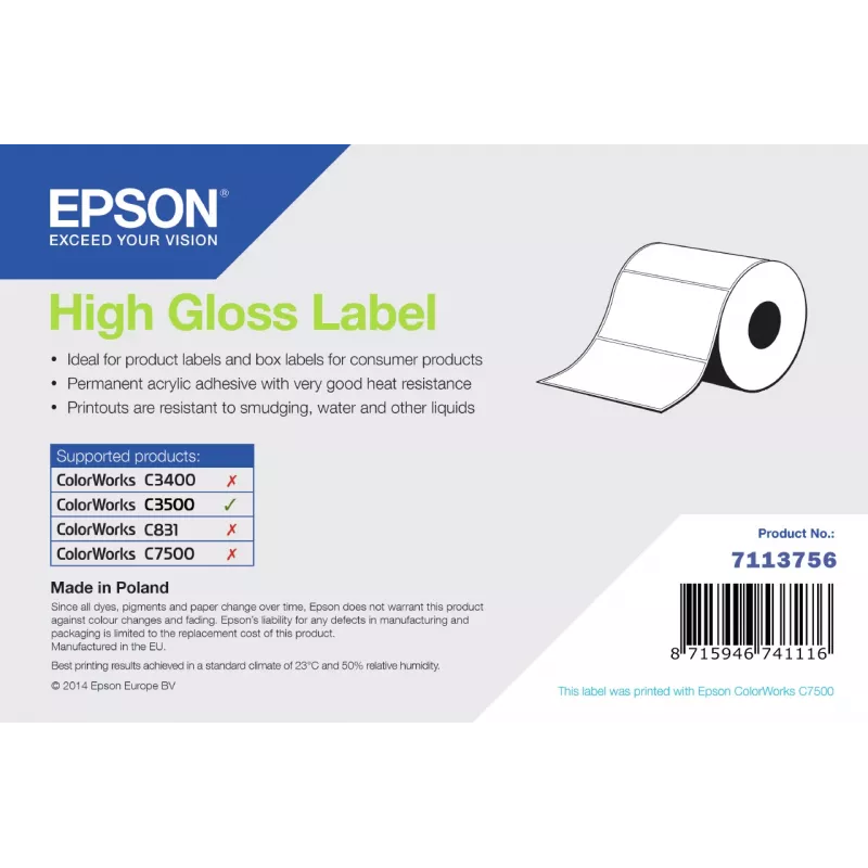 Epson didelio blizgesio etiketė, štampuotas rulonas, 76 mm x 51 mm, 610 etikečių