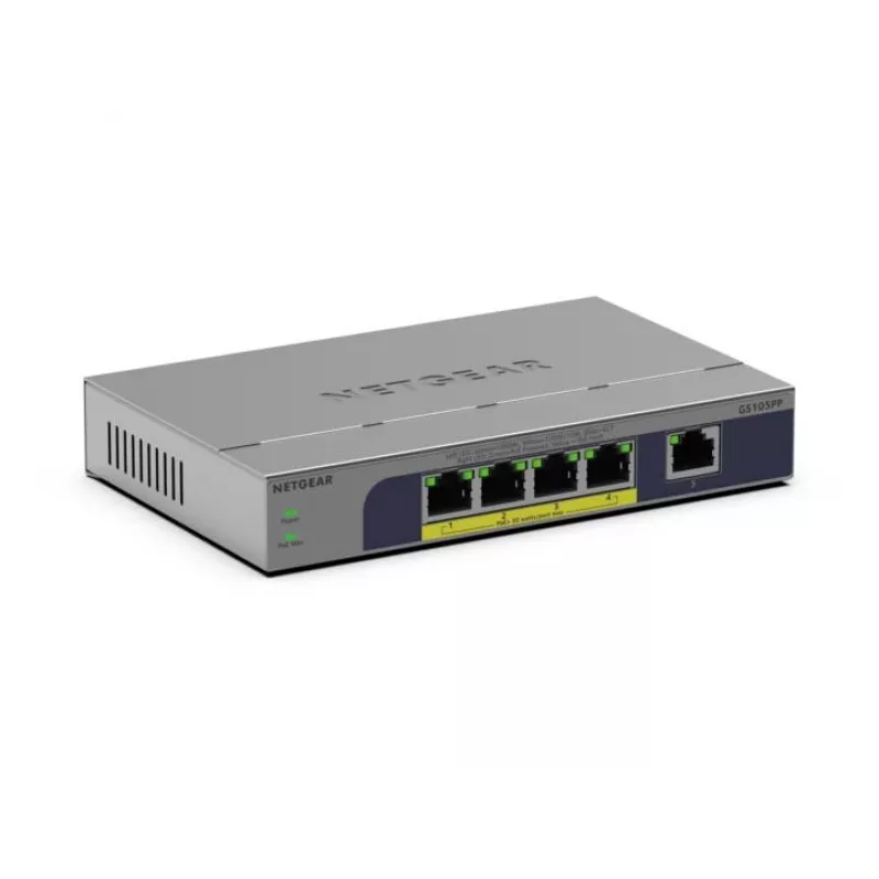 NETGEAR GS105PP nevaldomas Gigabit Ethernet (10/100/1000) maitinimo per Ethernet (PoE) stalviršio/sienos montavimo pilkas