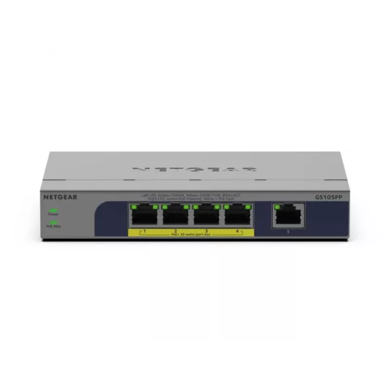 NETGEAR GS105PP nevaldomas Gigabit Ethernet (10/100/1000) maitinimo per Ethernet (PoE) stalviršio/sienos montavimo pilkas