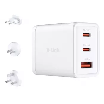 AC vidaus įkroviklis D-Link DCP-651 — 65 W GaN, 2x USB-C, universalus suderinamumas, 90–264 V, baltas