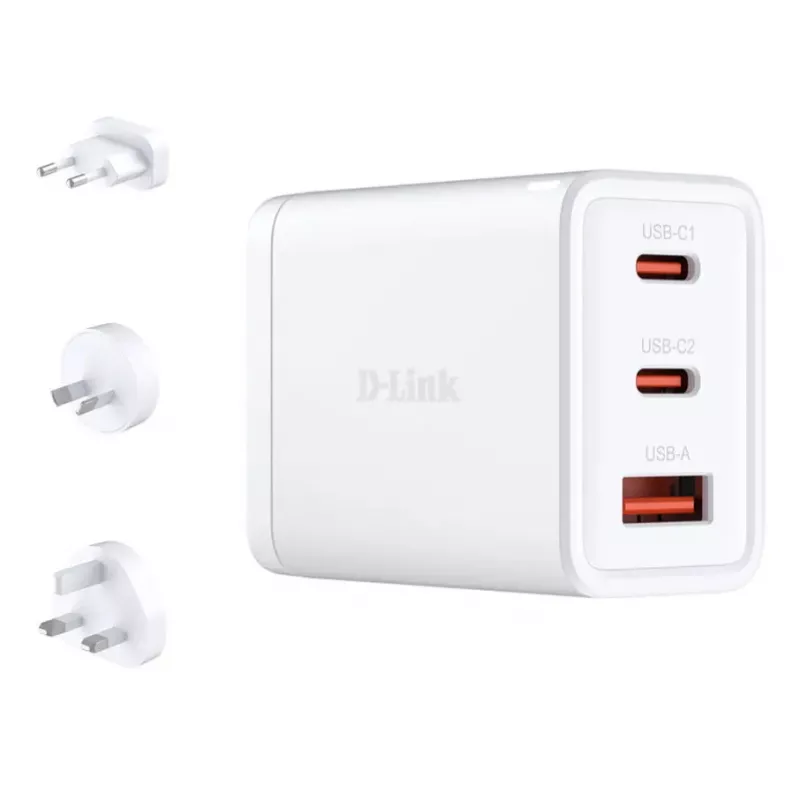 AC vidaus įkroviklis D-Link DCP-651 — 65 W GaN, 2x USB-C, universalus suderinamumas, 90–264 V, baltas