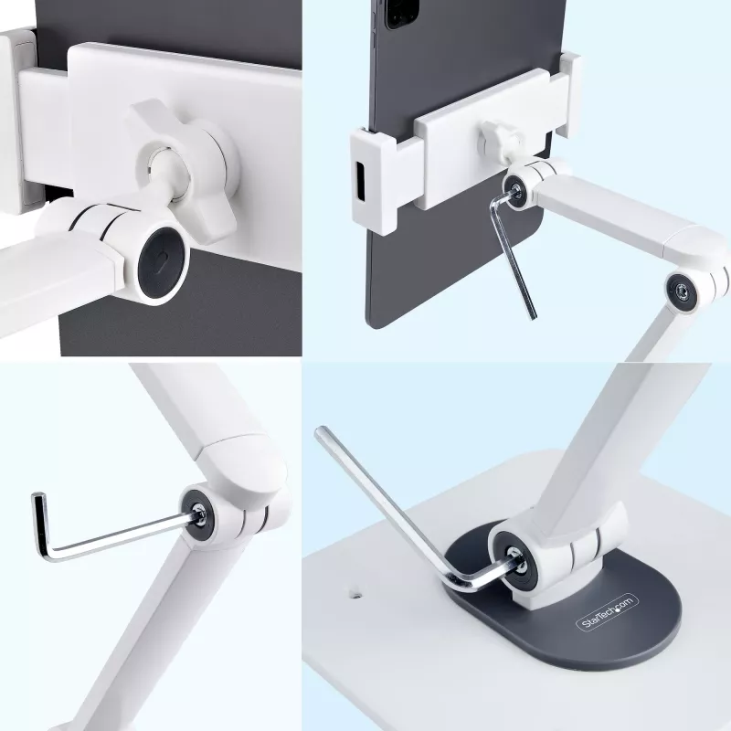 StarTech.com Reguliuojamas planšetės stovas stalui – Tvirtinamas prie sienos – Talpa 1 kg – Ergonomiškas lankstus universalus planšetės stovas – Planšetės laikiklis stalui, pasukamas / sukiojamas / rotuojamas