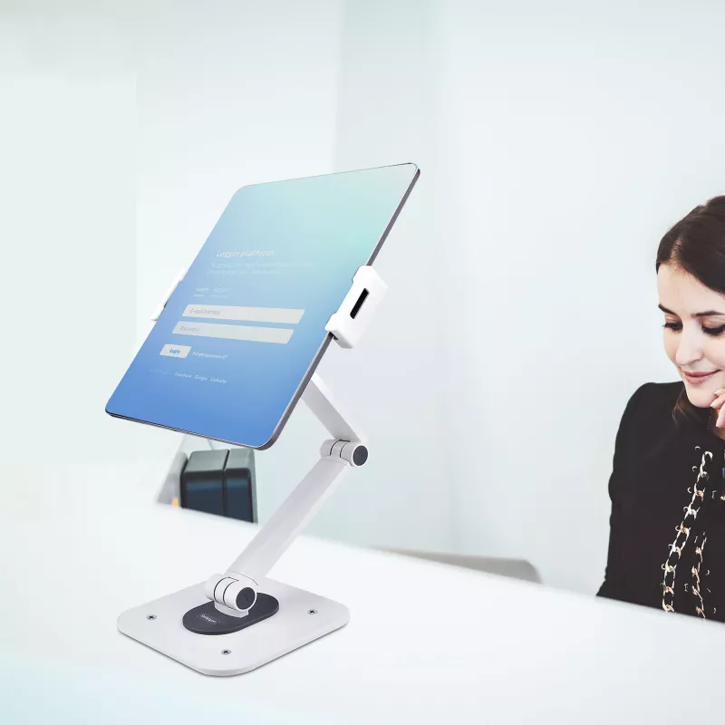 StarTech.com Reguliuojamas planšetės stovas stalui – Tvirtinamas prie sienos – Talpa 1 kg – Ergonomiškas lankstus universalus planšetės stovas – Planšetės laikiklis stalui, pasukamas / sukiojamas / rotuojamas