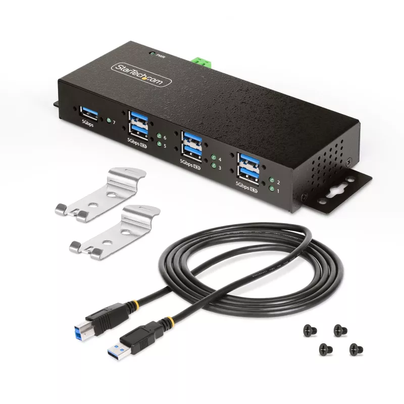 StarTech.com 5G7AINDRM-USB-A-HUB sąsajos šakotuvas USB 3.2 Gen 1 (3.1 Gen 1) Type-B 5000 Mbit/s Juoda