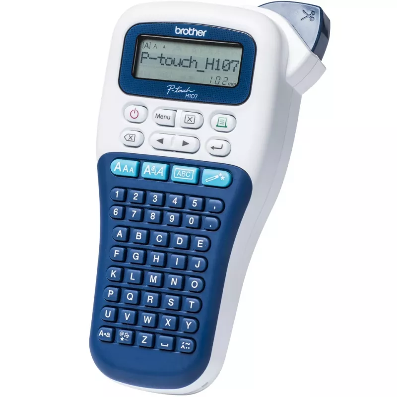 Etikečių spausdintuvas Brother PT-H107B — terminis pernešimas, 180×180 DPI, 20 mm/s, TZe juostos 3.5/6/9/12 mm, LCD, AAA baterijos