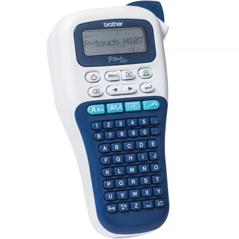 Etikečių spausdintuvas Brother PT-H107B — terminis pernešimas, 180×180 DPI, 20 mm/s, TZe juostos 3.5/6/9/12 mm, LCD, AAA baterijos