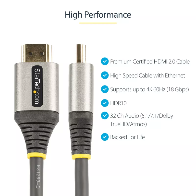 StarTech.com 50 cm (0,5 m) Premium sertifikuotas HDMI 2.0 laidas – sparčioji Ultra HD 4K 60Hz HDMI laidas su Ethernet – HDR10, ARC – UHD HDMI vaizdo laidas – UHD monitoriams, televizoriams, ekranams – M/M