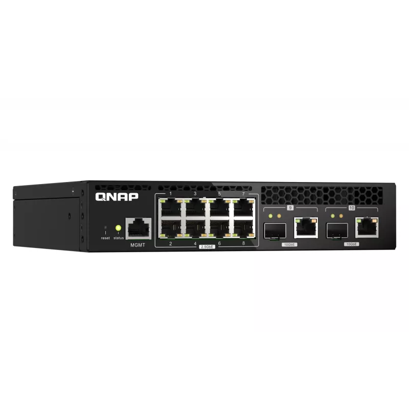 QNAP QSW-M2108R-2C valdomas L2 komutatorius, 8 x 2,5GbE + 2 x 10GbE SFP+/RJ-45 kombinuoti prievadai, pusinio pločio, montuojamas spintoje