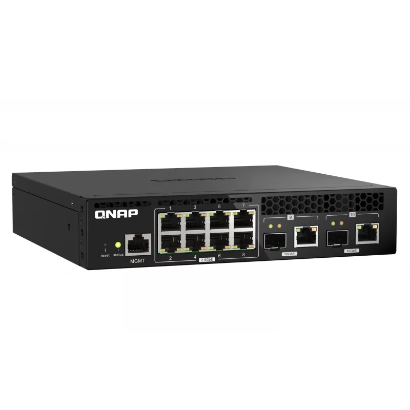 QNAP QSW-M2108R-2C valdomas L2 komutatorius, 8 x 2,5GbE + 2 x 10GbE SFP+/RJ-45 kombinuoti prievadai, pusinio pločio, montuojamas spintoje