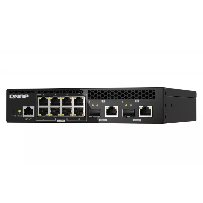 QNAP QSW-M2108R-2C valdomas L2 komutatorius, 8 x 2,5GbE + 2 x 10GbE SFP+/RJ-45 kombinuoti prievadai, pusinio pločio, montuojamas spintoje