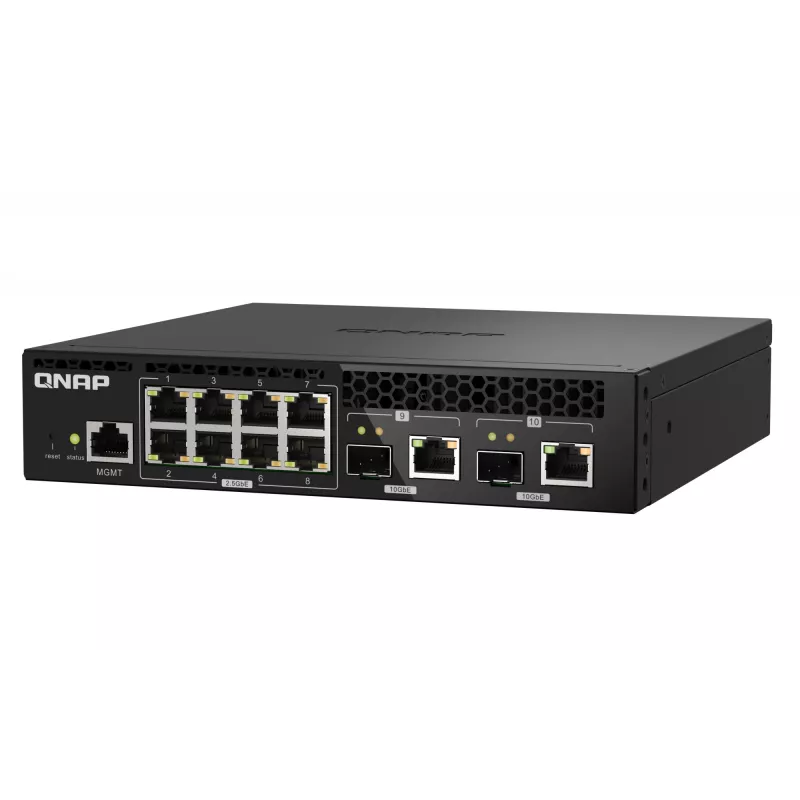 QNAP QSW-M2108R-2C valdomas L2 komutatorius, 8 x 2,5GbE + 2 x 10GbE SFP+/RJ-45 kombinuoti prievadai, pusinio pločio, montuojamas spintoje