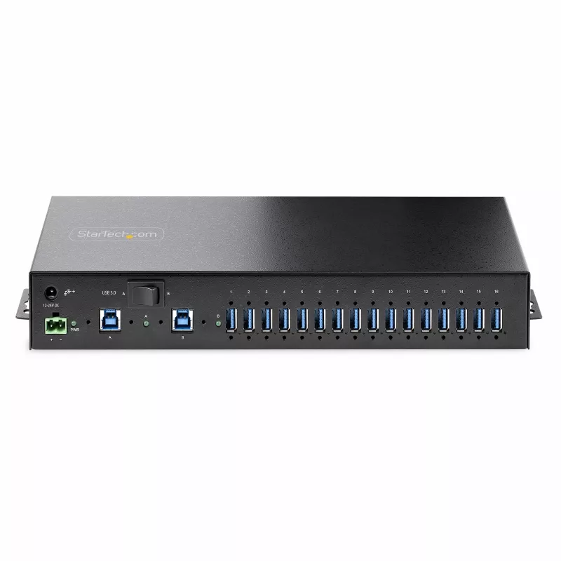 StarTech.com 16 pramoninis USB 5 Gbps šakotuvas su maitinimo adapteriu, metalinis korpusas, montuojamas, ESD apsauga, gnybtų bloko maitinimas, USB įkrovimas, dviejų kompiuterių jungiklis - TAA