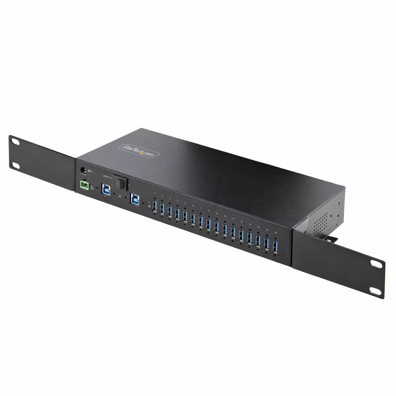 StarTech.com 16 pramoninis USB 5 Gbps šakotuvas su maitinimo adapteriu, metalinis korpusas, montuojamas, ESD apsauga, gnybtų bloko maitinimas, USB įkrovimas, dviejų kompiuterių jungiklis - TAA