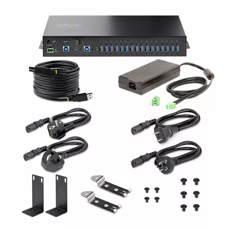StarTech.com 16 pramoninis USB 5 Gbps šakotuvas su maitinimo adapteriu, metalinis korpusas, montuojamas, ESD apsauga, gnybtų bloko maitinimas, USB įkrovimas, dviejų kompiuterių jungiklis - TAA
