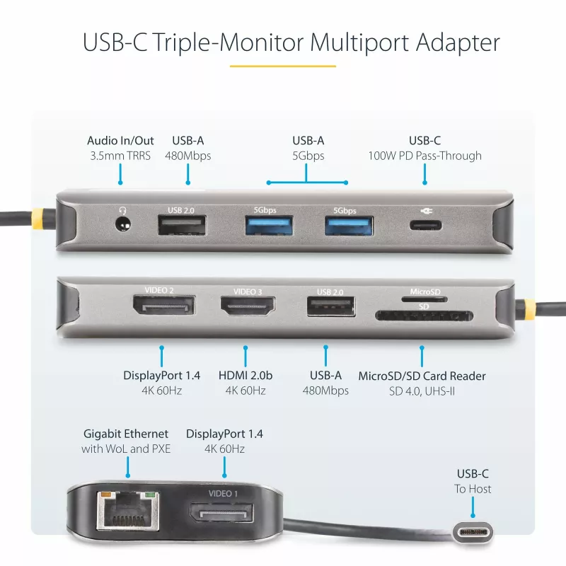 StarTech.com USB-C trigubo monitoriaus daugiafunkcis adapteris, dvigubas 4K 60Hz + 4K 30Hz HDMI ir DisplayPort, 4 prievadų USB šakotuvas, 100W maitinimo perdavimas, GbE, SD/MicroSD kortelių skaitytuvai