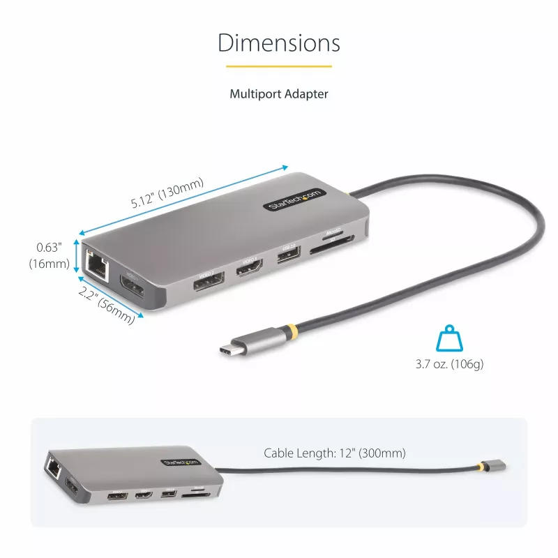StarTech.com USB-C trigubo monitoriaus daugiafunkcis adapteris, dvigubas 4K 60Hz + 4K 30Hz HDMI ir DisplayPort, 4 prievadų USB šakotuvas, 100W maitinimo perdavimas, GbE, SD/MicroSD kortelių skaitytuvai