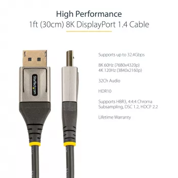 StarTech.com 1ft (30cm) DisplayPort 1.4 kabelis – 8K 60Hz HDR10 – Ultra HD 4K 120Hz vaizdo įrašas – DP 1.4 kabelis / laidas – monitoriams / ekranams – DisplayPort į DisplayPort kabelis – M/M