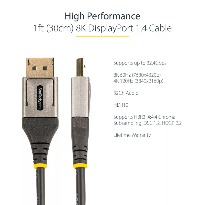 StarTech.com 1ft (30cm) DisplayPort 1.4 kabelis – 8K 60Hz HDR10 – Ultra HD 4K 120Hz vaizdo įrašas – DP 1.4 kabelis / laidas – monitoriams / ekranams – DisplayPort į DisplayPort kabelis – M/M
