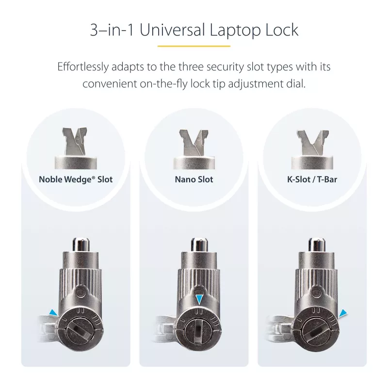 StarTech.com 3-in-1 Universal Laptop Lock 6.6ft (2m), Master Keyed Locking kabelis, Computer Security, Suderinama w/Noble Wedge®/Nano/K-Slot; Anti-Theft Cut-Resistant kabelis