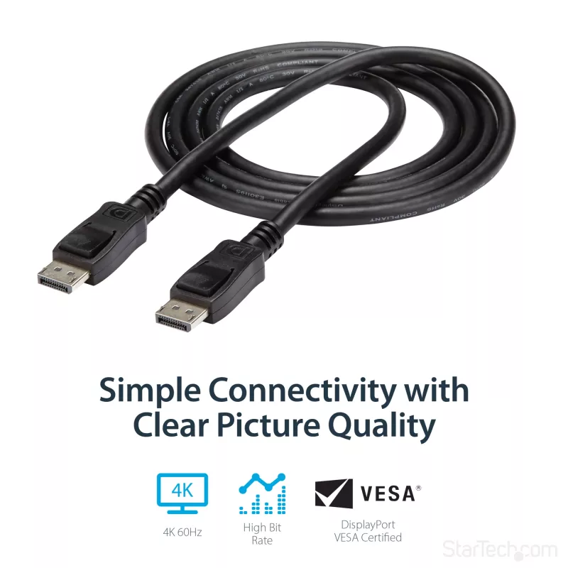 StarTech.com 1,8 m DisplayPort 1.2 laidas – 4K x 2K Ultra HD VESA sertifikuotas DisplayPort laidas – DP į DP laidas monitoriui – DP vaizdo / ekrano laidas – užsifiksuojančios DP jungtys