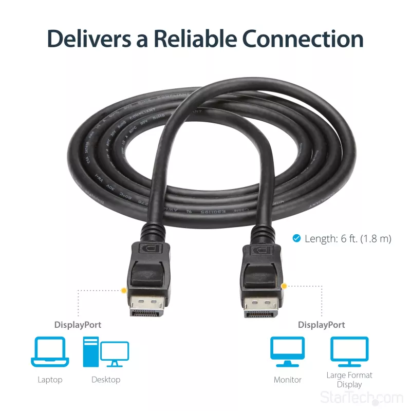 StarTech.com 1,8 m DisplayPort 1.2 laidas – 4K x 2K Ultra HD VESA sertifikuotas DisplayPort laidas – DP į DP laidas monitoriui – DP vaizdo / ekrano laidas – užsifiksuojančios DP jungtys
