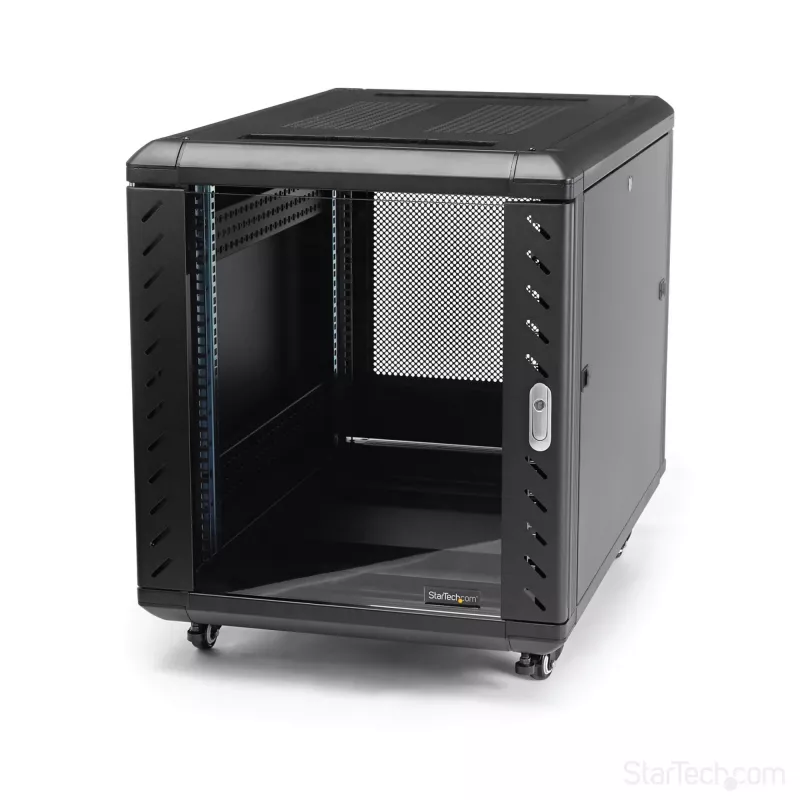 StarTech.com 4-atraminis 12U serverių stelažų spinta, rakinama 19 inch duomenų stelažo spinta kompiuterinei / AV / IT įrangai, biuro / namų tinklo stelažas su ratukais ir reguliuojamais tvirtinimo bėgiais