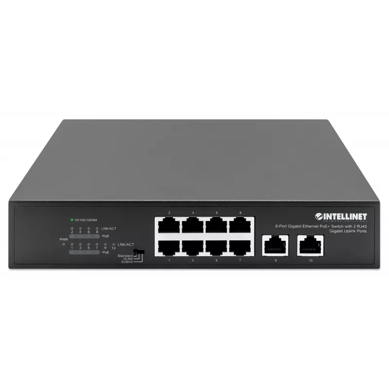 Intellinet 8 prievadų gigabitinio eterneto PoE+ komutatorius 120 W 2 aukštynkrypčiai prievadai