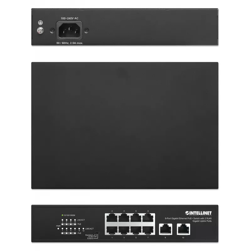 Intellinet 8 prievadų gigabitinio eterneto PoE+ komutatorius 120 W 2 aukštynkrypčiai prievadai