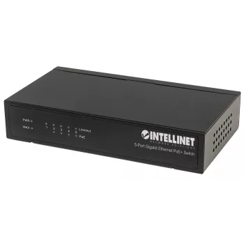 Intellinet 5 prievadų Gigabit Ethernet PoE+ komutatorius, 4 PSE prievadai, atitinka IEEE 802.3at/af maitinimo per Ethernet (PoE+/PoE) standartus, 60 W, stalinis