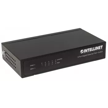 Intellinet 5 prievadų Gigabit Ethernet PoE+ komutatorius, 4 PSE prievadai, atitinka IEEE 802.3at/af maitinimo per Ethernet (PoE+/PoE) standartus, 60 W, stalinis