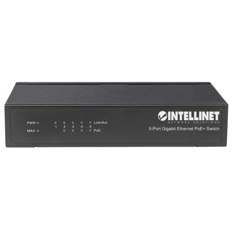 Intellinet 5 prievadų Gigabit Ethernet PoE+ komutatorius, 4 PSE prievadai, atitinka IEEE 802.3at/af maitinimo per Ethernet (PoE+/PoE) standartus, 60 W, stalinis