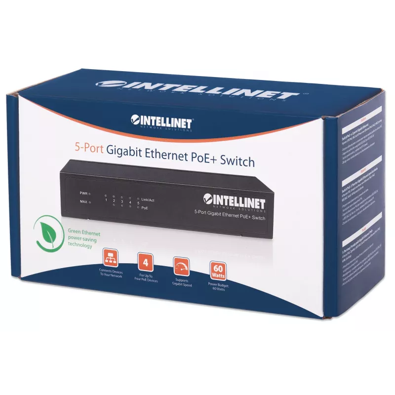 Intellinet 5 prievadų Gigabit Ethernet PoE+ komutatorius, 4 PSE prievadai, atitinka IEEE 802.3at/af maitinimo per Ethernet (PoE+/PoE) standartus, 60 W, stalinis