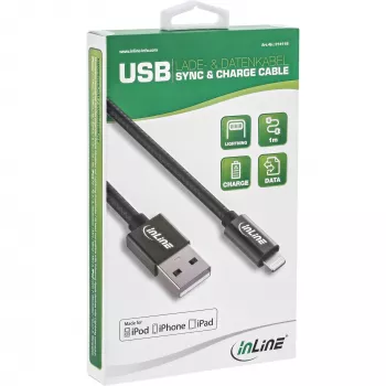 InLine Lightning USB laidas, skirtas iPad, iPhone, iPod, juodas/alu, 2 m, MFi sertifikuotas