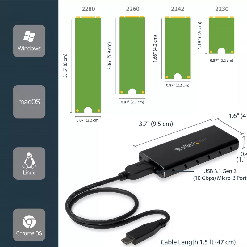 “StarTech.com” M.2 SSD korpusas, skirtas M.2 SATA SSD – USB 3.1 (10 Gb/s) su USB-C kabeliu
