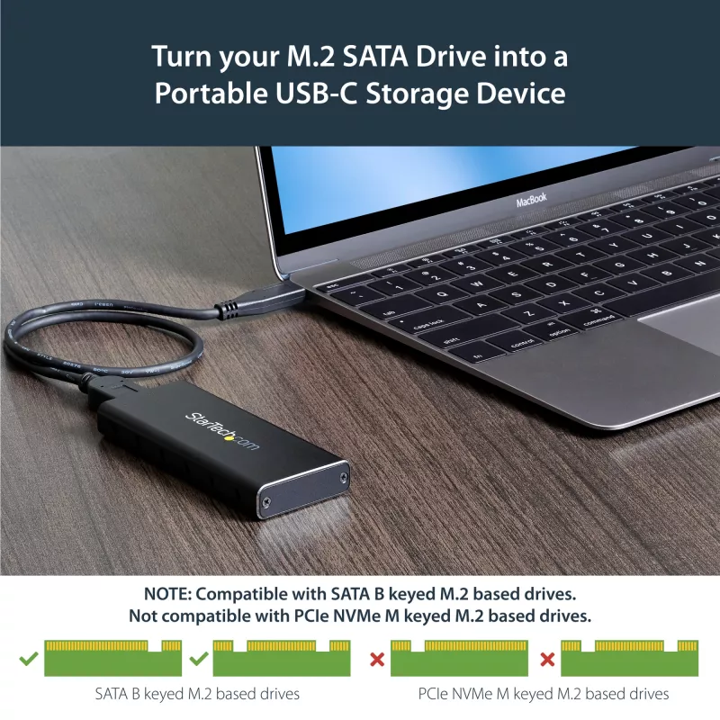 “StarTech.com” M.2 SSD korpusas, skirtas M.2 SATA SSD – USB 3.1 (10 Gb/s) su USB-C kabeliu