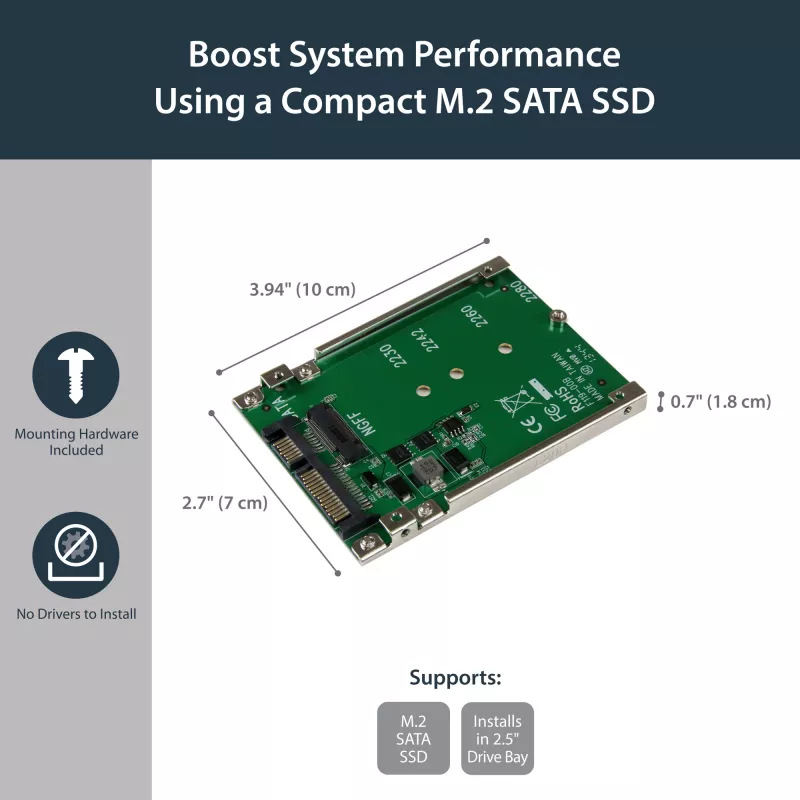 StarTech.com M.2 SATA SSD į 2.5 col. SATA adapteris - M.2 NGFF į SATA keitiklis - 7 mm - atviro rėmo laikiklis - M2 standžiojo disko adapteris