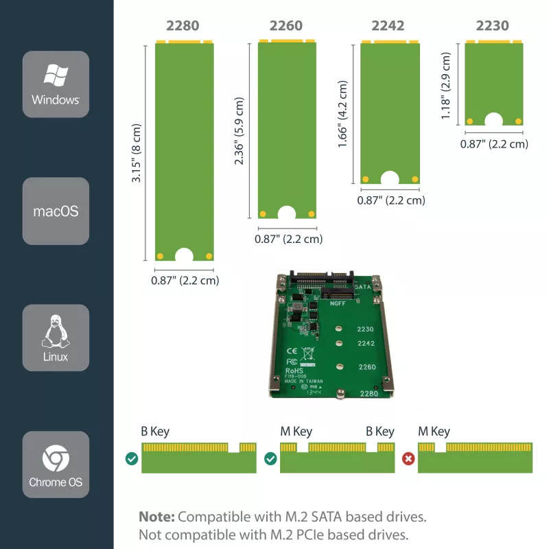 StarTech.com M.2 SATA SSD į 2.5 col. SATA adapteris - M.2 NGFF į SATA keitiklis - 7 mm - atviro rėmo laikiklis - M2 standžiojo disko adapteris