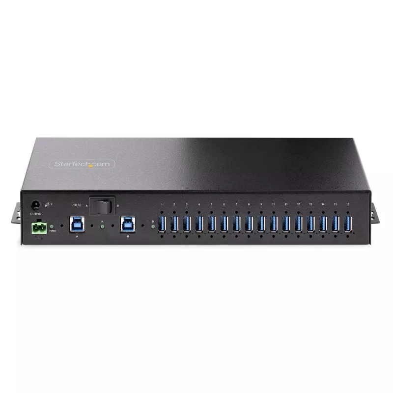 StarTech.com 16 prievadų pramoninis USB 3.0 šakotuvas 5 Gbps, metalinis, montuojamas ant DIN bėgelio/paviršiaus/stovo, ESD apsauga, maitinimas per gnybtų bloką, iki 120 W bendras USB įkrovimas, dviejų pagrindinių įrenginių šakotuvas/jungiklis