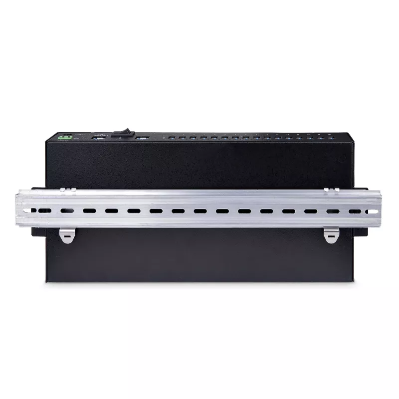 StarTech.com 16 prievadų pramoninis USB 3.0 šakotuvas 5 Gbps, metalinis, montuojamas ant DIN bėgelio/paviršiaus/stovo, ESD apsauga, maitinimas per gnybtų bloką, iki 120 W bendras USB įkrovimas, dviejų pagrindinių įrenginių šakotuvas/jungiklis