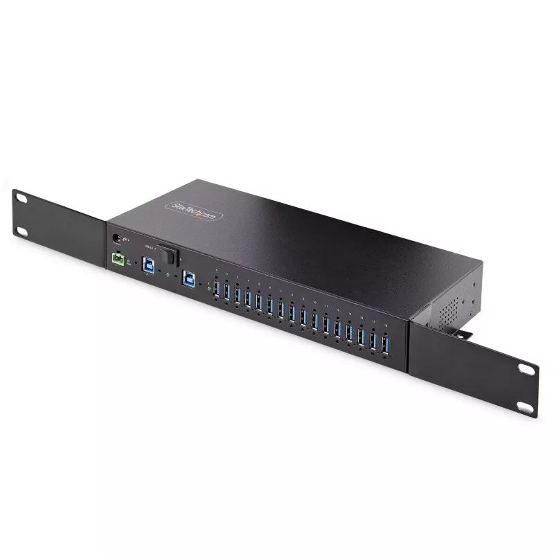 StarTech.com 16 prievadų pramoninis USB 3.0 šakotuvas 5 Gbps, metalinis, montuojamas ant DIN bėgelio/paviršiaus/stovo, ESD apsauga, maitinimas per gnybtų bloką, iki 120 W bendras USB įkrovimas, dviejų pagrindinių įrenginių šakotuvas/jungiklis